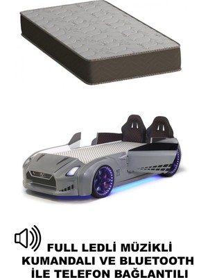 Gri Arabalı Yatak Kapıları Açılan Gtr Full Ledli Kumandalı ve Müzikli + Ortopedik Yatak