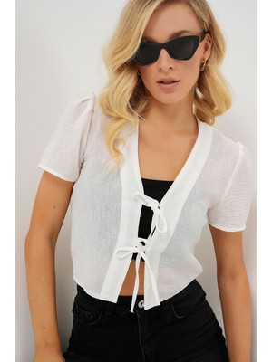 Hiccup Kadınlar BDART Dokulu V-Yaka Keten Karışımlı Crop Top Beyaz