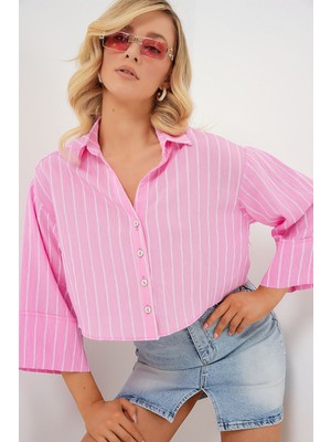 Hiccup Kadınlar BDART Düğmeli, Crop, Oversize Çizgili Gömlek Karanfil Pembesi