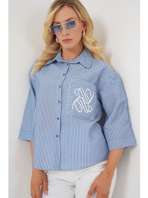 Hiccup Kadın BDART Şeritli Poplin Gömlek, Nakışlı Lacivert