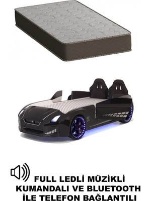 Siyah Arabalı Yatak Kapıları Açılan Gtr Full Ledli Kumandalı ve Müzikli + Ortopedik Yatak