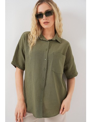 Hiccup Kadın BDART Cepli, Salaş Fit Keten Karışım Butonlu Gömlek Haki Yeşil