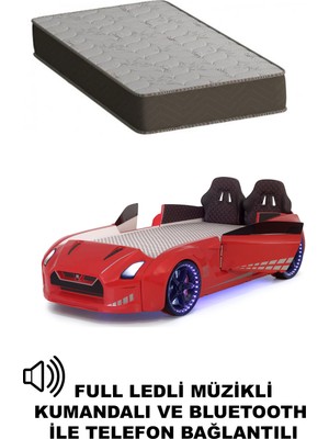 Kırmızı Arabalı Yatak Kapıları Açılan Gtr Full Ledli Kumandalı ve Müzikli + Ortopedik Yatak