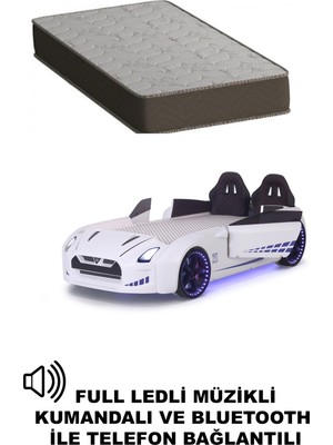 Beyaz Arabalı Yatak Kapıları Açılan Gtr Full Ledli Kumandalı ve Müzikli + Ortopedik Yatak
