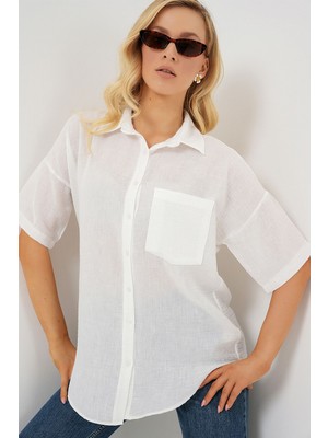 Hiccup Kadın BDART Cepli, Salaş Fit Keten Karışım Butonlu Gömlek Beyaz