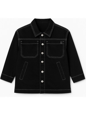 Kız Çocuk Kot  Siyah Kontrast Dikişli Cepli Düğmeli Ceket