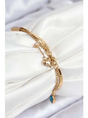 Zarif Kadın Için Golden Çelik Mavi Zirkonlu Nazarlıklı Italyan Zincir Bileklik