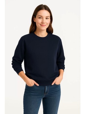 Kadın Üç Iplik Düz Bisiklet Yaka Sweatshirt - Lacivert