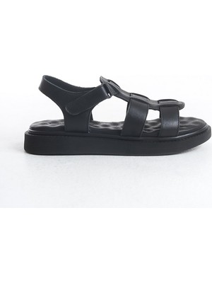 Hakiki Deri Siyah Ortopedik Masajlı Taban Kadın Sandalet TMD2025714