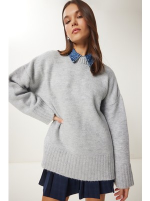 Yumuşak Dokulu Oversize Triko Kazak LPF0063 Gri