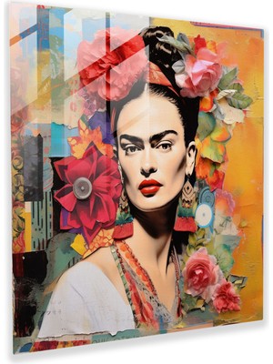 Popcas Frida Kahlo Cam Tablo - Renkli Kumaşlarla Süslenmiş Frida Kahlo Cam Duvar Sanatı
