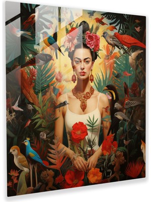 Popcas Büyüleyici Vaha Cam Tablo - Frida Kahlo Egzotik Hayvanlar Güzellik