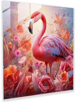 Popcas Çiçek Açan Flamingo Cam Tablo - Flamingo Modern Sanat Cam Tablo Çiçek Açan Çiçekler