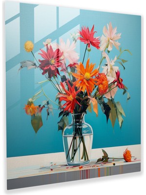 Popcas Çiçeklerle Dolu Huzurun Çiçeği Cam Tablo - Canlı Çiçek Düzeni Modern Bir Natürmort Resminde - Minimalist Ortam