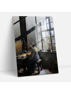 Popcas Johannes Vermeer Cam Tablo - Ustalık Atölyesi Cam Duvar Sanatı - Johannes Vermeer Ev Dekorasyonu Modern Sanat