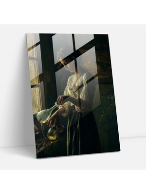 Popcas Johannes Vermeer Cam Tablo - Şarap Döken Kadın - Ev Dekorasyonu Cam Sanatı Duvar Dekorasyonu