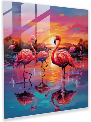 Popcas Flamingo Günbatımı Cam Tablo - Flamingo Duvar Dekorasyonu Ev Dekorasyonu Modern Sanat