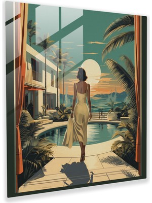 Popcas Retro Kaçış Oteli Cam Tablo - Otel Retro Kaçış Oteli Ev Dekorasyonu Cam Duvar Sanatı