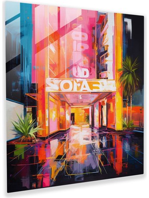 Popcas Neon Rüyaları Otel Cam Tablo - Otel Neon Rüyaları Otel Duvar Dekorasyonu Cam Tablo