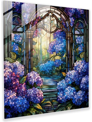 Popcas Eski Tarz Hortensia Vitray Sanatı - Hortensia Renkli Çiçekler Duvar Dekorasyonu Bahçe Manzarası