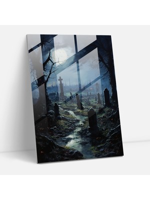Popcas Korku Cam Tablo - Ay Işığıyla Aydınlanmış Mezarlıkta Dans Eden Gölgeler - Korku Izlenimci Resim Dans Eden Gölgeler Cam Sanatı