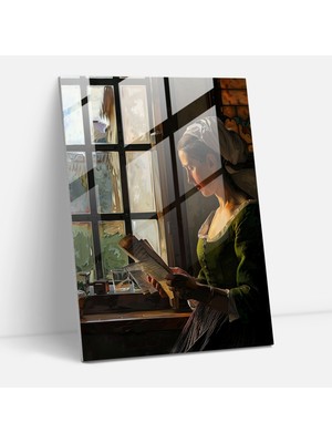 Popcas Johannes Vermeer Cam Tablo - Pencere Kenarında Mektup Okuyan Kadın - Wall Decoration