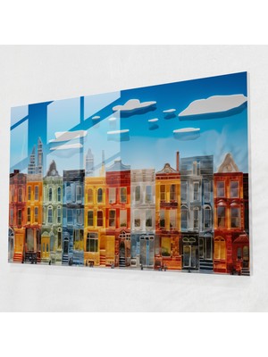 Popcas Harlem Tarihi Taş Evler Cam Tablo - Harlem Tarihi Taş Evler Mavi Gökyüzü Cam Sanatı