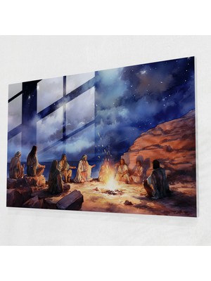 Popcas Taş Devri Göçebe Kabile Cam Tablo - Mezolitik Duvar Süsü Ateş Çemberi Modern Sanat