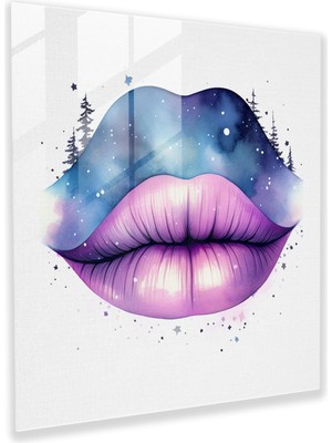 Popcas Gökyüzünde Yıldızlı Öpücük Cam Tablo - Modern Sanat Duvar Dekorasyonu Suluboya Illüstrasyon