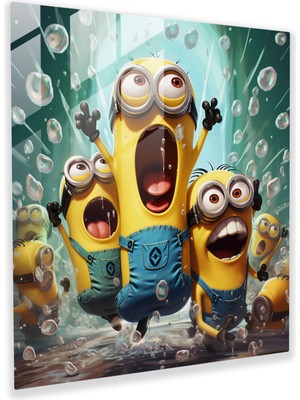 Popcas Minyonlar Eğlenceli Sahne Cam Tablosu - Minyonlar Ev Dekorasyonu Çizgi Roman Tablosu