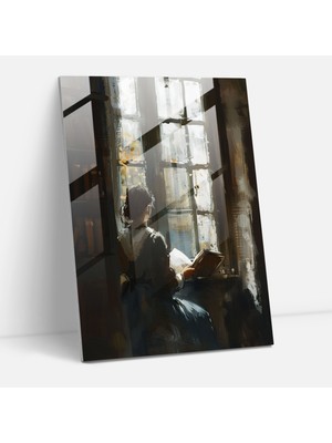 Popcas Johannes Vermeer Cam Tablosu - Pencere Kenarında Kitap Okuyan Kadın - Ev Dekorasyonu Cam Tablo Duvar Dekorasyonu