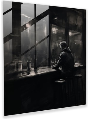 Popcas Nighthawks Cam Tablo - Sessiz Bir Figür Kısık Işıklı Bir Barda - Gece Kuşları Karakalem Çizim Cam Tablo Cam Duvar Sanatı