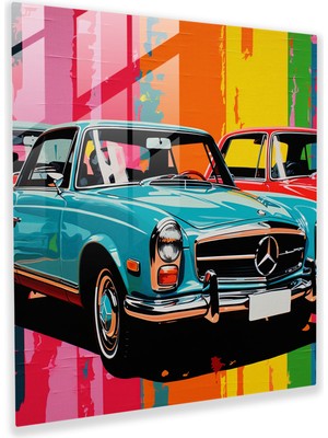 Popcas Pop Art Tekerlekler - Cam Duvar Sanatı - Mercedes Cam Sanatı Pop Art Esinli Baskı Canlı Kollaj
