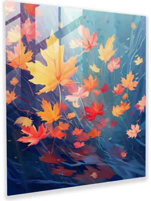 Popcas Yüzen Yapraklar Cam Duvar Sanatı - Yapraklar Renkli Sonbahar Duvar Dekorasyonu