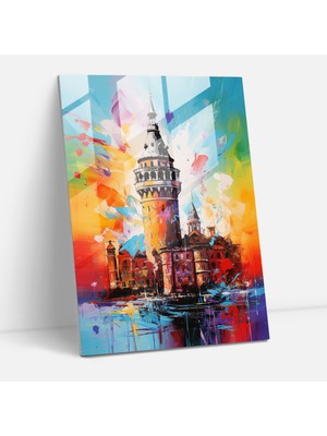 Popcas Galata Kulesi Cam Tablo - Modern Sanat Dinamik Fırça Darbeleri Duvar Dekorasyonu