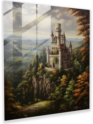 Popcas Zarif Rönesans Yağlı Boya Cam Tablo - Kır Manzarasını Izleyen Görkemli Kale