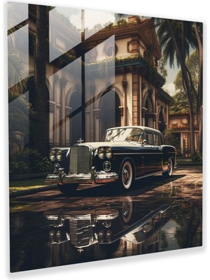 Popcas Büyüleyici Vintage Mafya Arabasının Büyük Malikane Önünde Park Etmiş Gerçekçi Cam Tablosu
