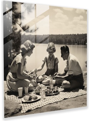 Popcas Nostaljik Aile Pikniği Cam Tablo - Nostalji Cam Duvar Sanatı Duvar Dekorasyonu Aile Pikniği