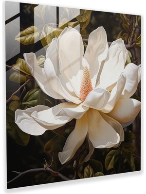 Popcas Magnolia Çiçeği Cam Tablosu - Duvar Dekorasyonu Modern Sanat Cam Duvar Sanatı