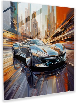 Popcas Mercedes Silver Speed Cam Tablo - Mercedes Soyut Akrilik Boyama Cam Sanat Ev Dekorasyonu