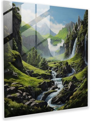 Popcas Orta Dünya Şelale Cam Tablo - Orta Dünya Cam Tablo Modern Sanat Yeşil Vadiler