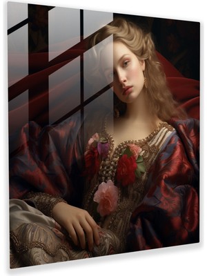 Popcas Zarif Rönesans Cam Tablosu - Asil Bir Kadının Muhteşem Portresi - Şık Ev Dekoru