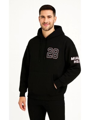 Üç Iplik Kapüşonlu Ön ve Arka Baskılı Sweatshirt Hoodie - Siyah