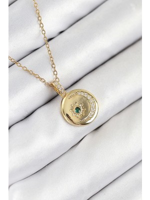 316L Çelik Zirkon Taşlı Ay ve Güneş Model Gold Renk Kadın Kolye