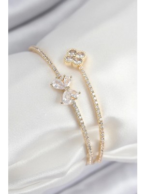 Pirinç Zirkon Taşlı Fiyonk ve Yonca Model Gold Renk Kadın Bileklik