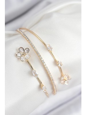 Pirinç Zirkon Taşlı Çiçek Model Gold Renk Kadın Bileklik