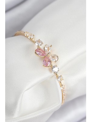 Pirinç Zirkon Taşlı Kelebek Model Gold Renk Kadın Bileklik