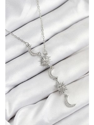 316L Çelik Zirkon Taşlı Güneş ve Ay Model Gümüş Renk Kadın Kolye