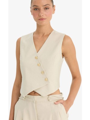 DeFacto Regular Fit V Yaka Çapraz Düğmeli Tencel Blazer Yelek D4568AX25AU