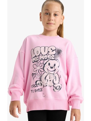 DeFacto Oversize Geniş Kalıp Bisiklet Yaka Baskılı Sweatshirt Kız Çocuk E6755A825AU